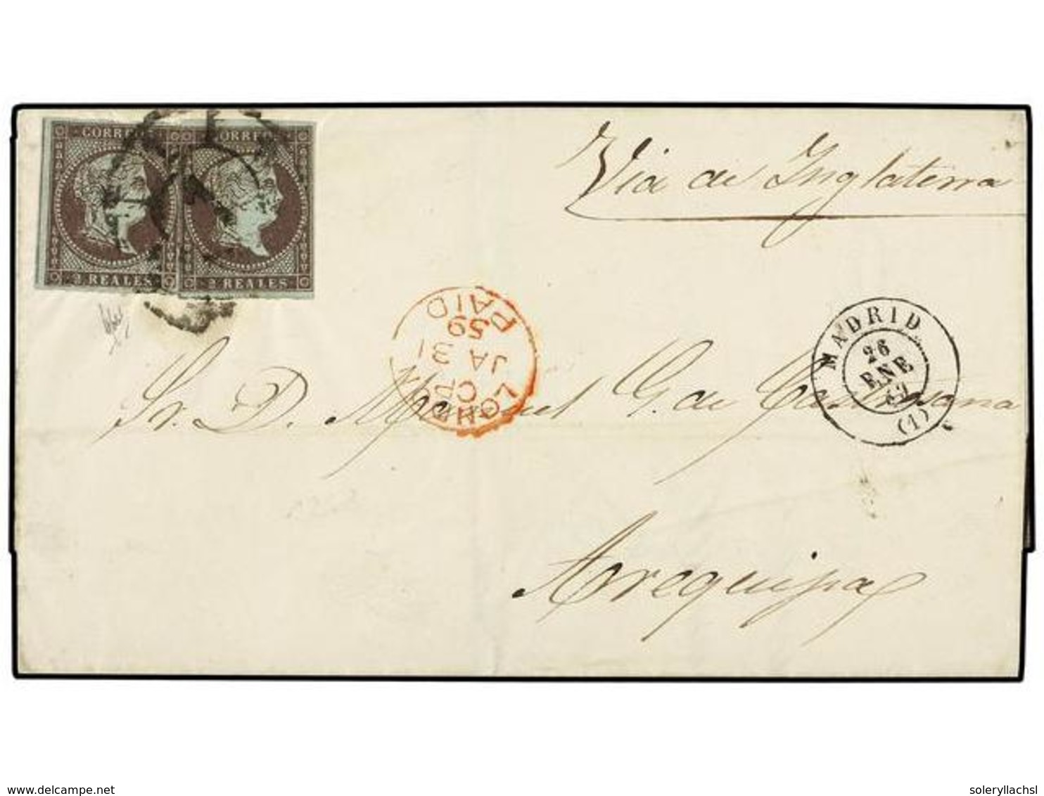 169 ESPAÑA. Ed.42 (2). 1859. MADRID A AREQUIPA (Perú). <B>2 Reales</B> Violeta (2), Mat.<B>R.C. 1</B>. Circulada Por El  - Autres & Non Classés