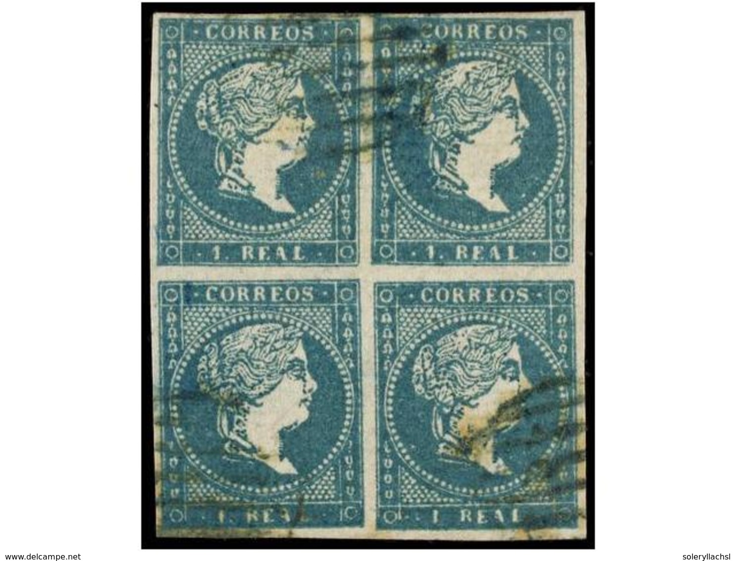 172 ° ESPAÑA. Ed.45 (4). <B>1 Real</B> Azul. Bloque De Cuatro. MAGNÍFICO. Cat. 1.500€. - Autres & Non Classés