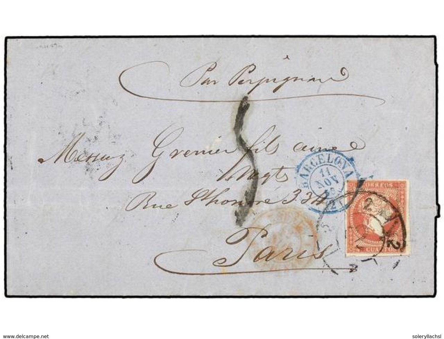 179 ESPAÑA. Ed.48. 1858. BARCELONA A PARÍS. <B>4 Cuartos</B> Rojo. Circulada A FRANCIA Antes Del Convenio Postal. - Autres & Non Classés