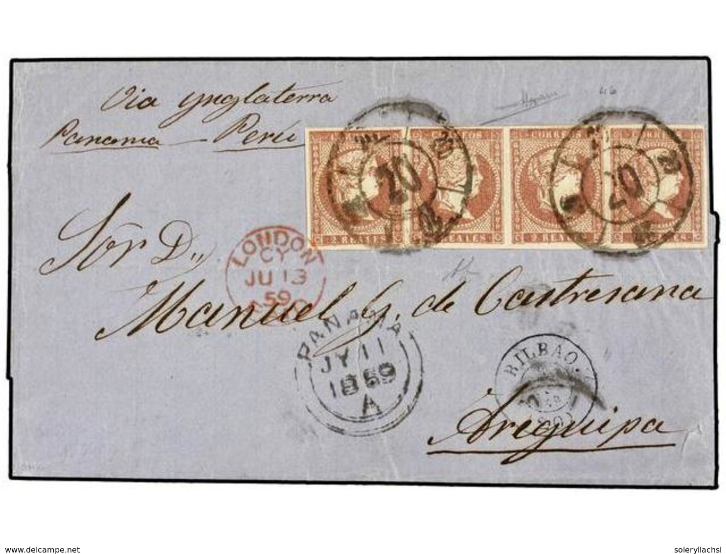 186 ESPAÑA. Ed.50 (4). 1859. BILBAO A AREQUIPA (Perú). <B>2 Reales</B> Castaño Lila, Tira De Cuatro, Mat. <B>R.C. 20 </B - Autres & Non Classés