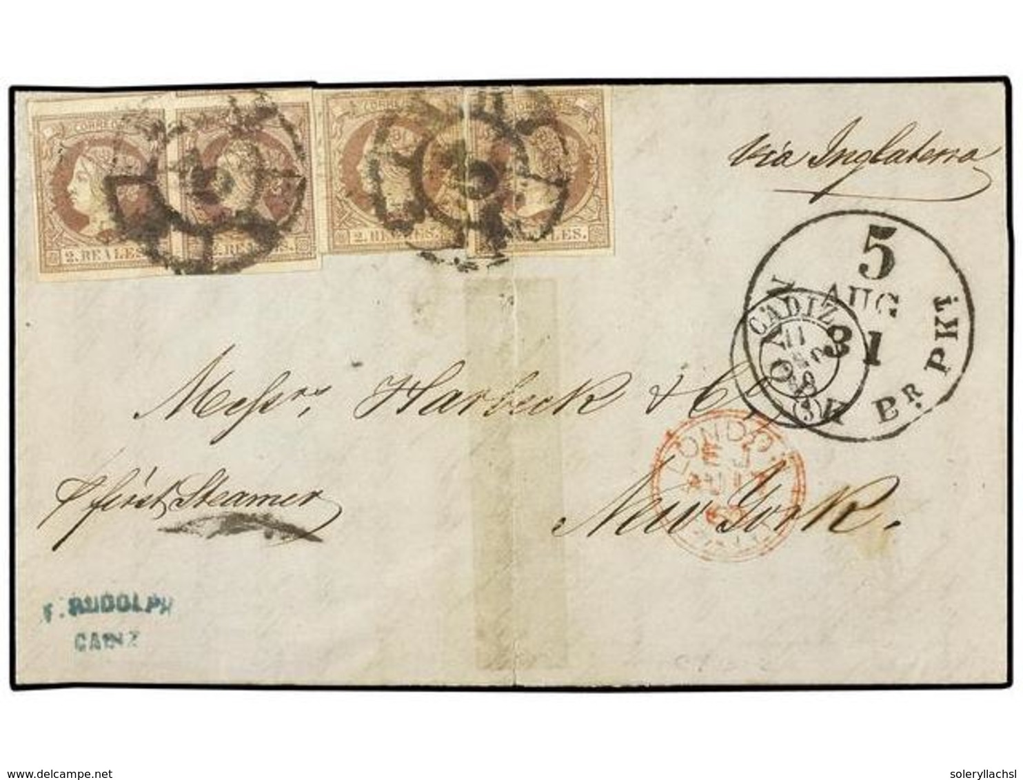 200 ESPAÑA. Ed.56 (4). 1860. CÁDIZ A NEW YORK.<B> 2 Reales</B> Violeta (4). Franqueo De Doble Porte Vía Inglaterra. Rotu - Autres & Non Classés