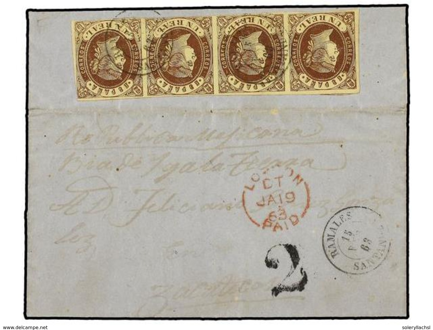 208 ESPAÑA. Ed.61(4). 1863. RAMALES (Santander) A ZACATECAS (México). <B>1 Real</B> Castaño S. Amarillo Tira De Cuatro ( - Autres & Non Classés