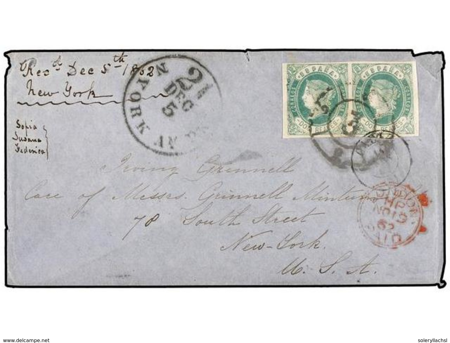 209 ESPAÑA. Ed.62 (2). 1862. CÁDIZ A NEW YORK. <B>2 Reales</B> Verde (2), Mat.<B>R.C. 3</B>, Carta Completa Con Texto. C - Autres & Non Classés