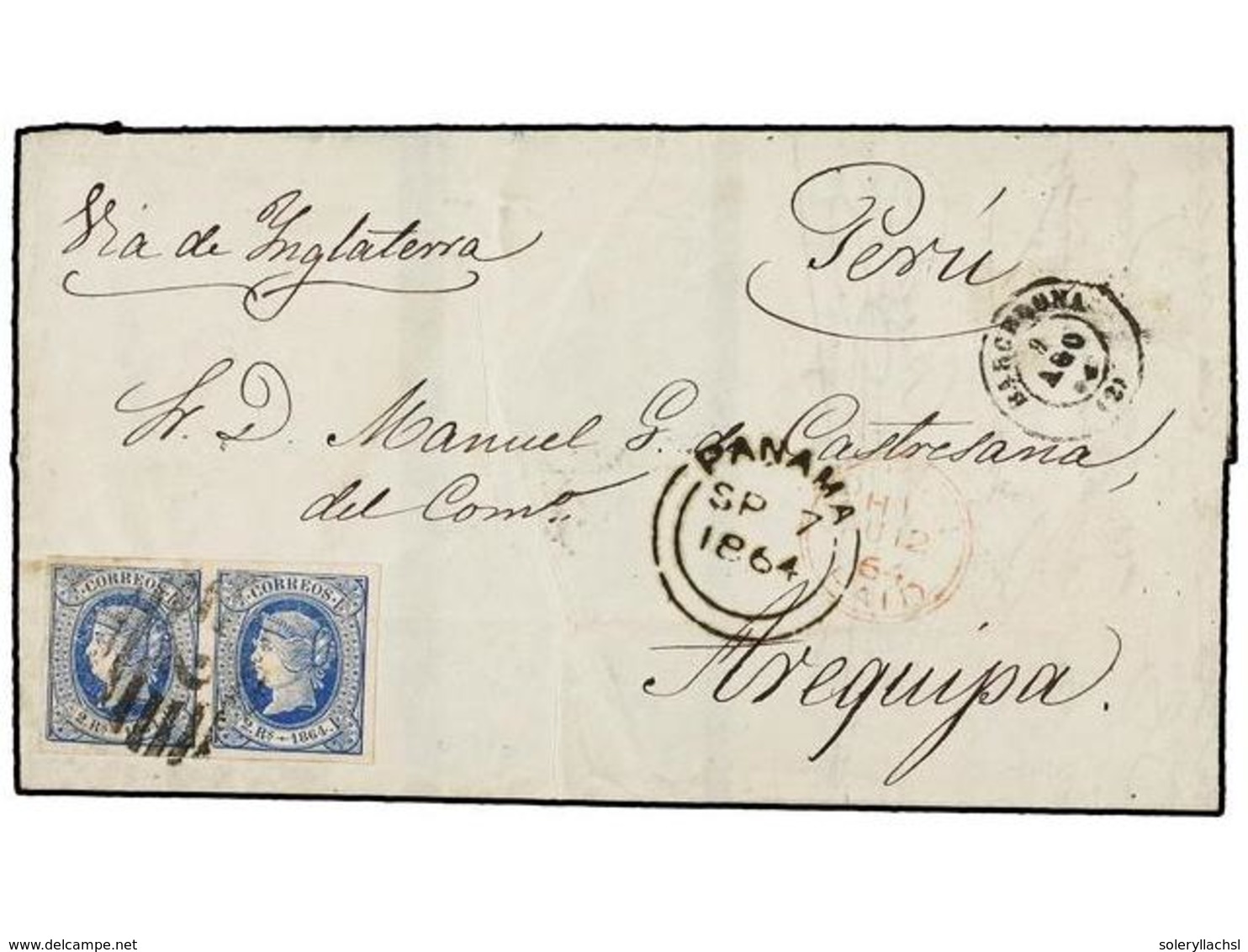 219 ESPAÑA. Ed.68 (2). 1864. BARCELONA A AREQUIPA (Perú). <B>2 Reales</B> Azul (2). Circulada Por El Correo Británico Vi - Autres & Non Classés