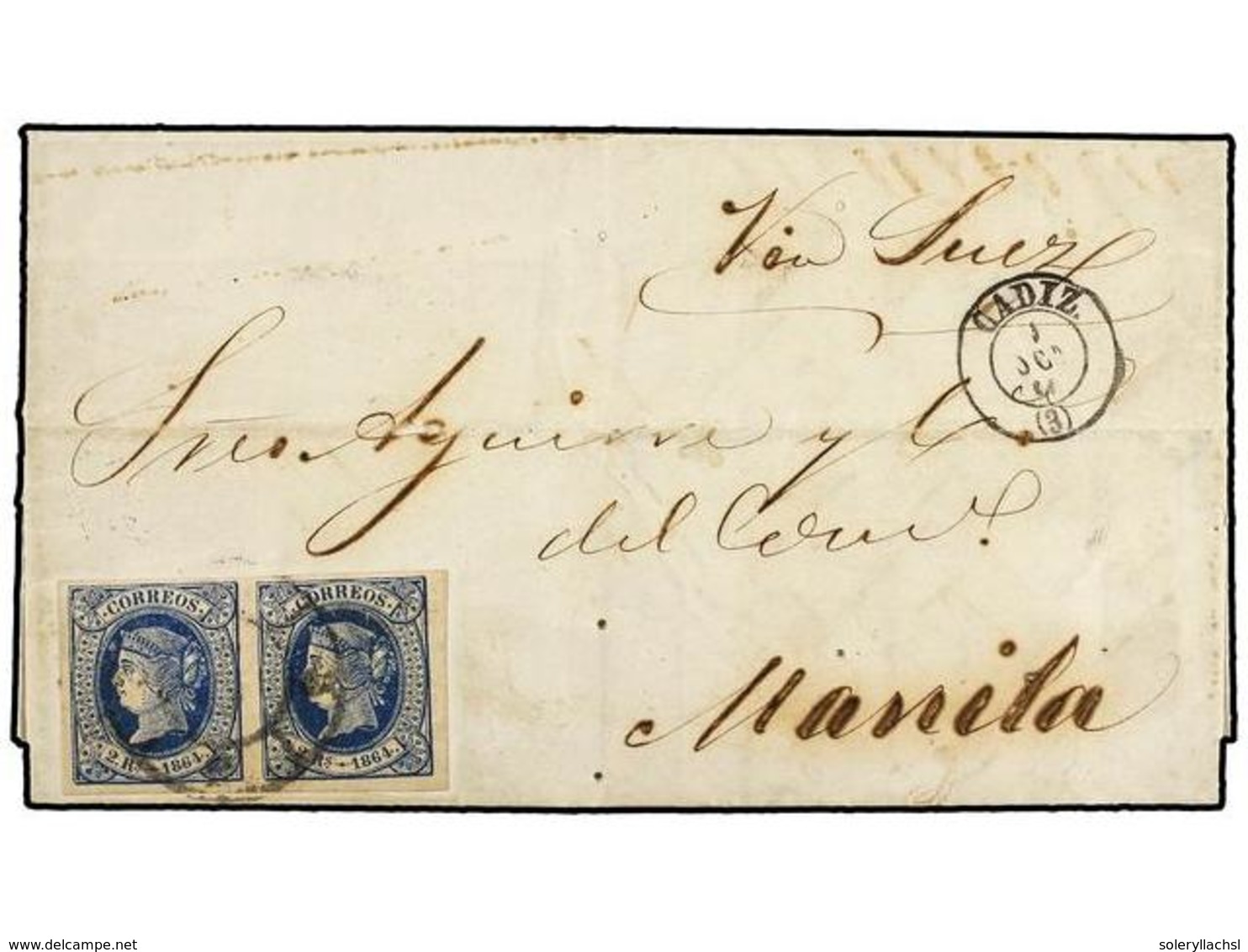 220 ESPAÑA. Ed.68 (2). 1864. CÁDIZ A MANILA (Filipinas). <B>2 Reales</B> Azul Pareja, Circulada Vía Suez, Al Dorso Llega - Autres & Non Classés