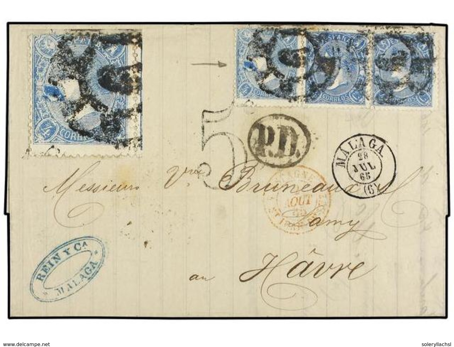 239 ESPAÑA. Ed.75 (3). 1865. MALAGA A FRANCIA. <B>4 Cuartos</B> Azul (3), Un Sello Importante Variedad De Impresión <B>M - Autres & Non Classés