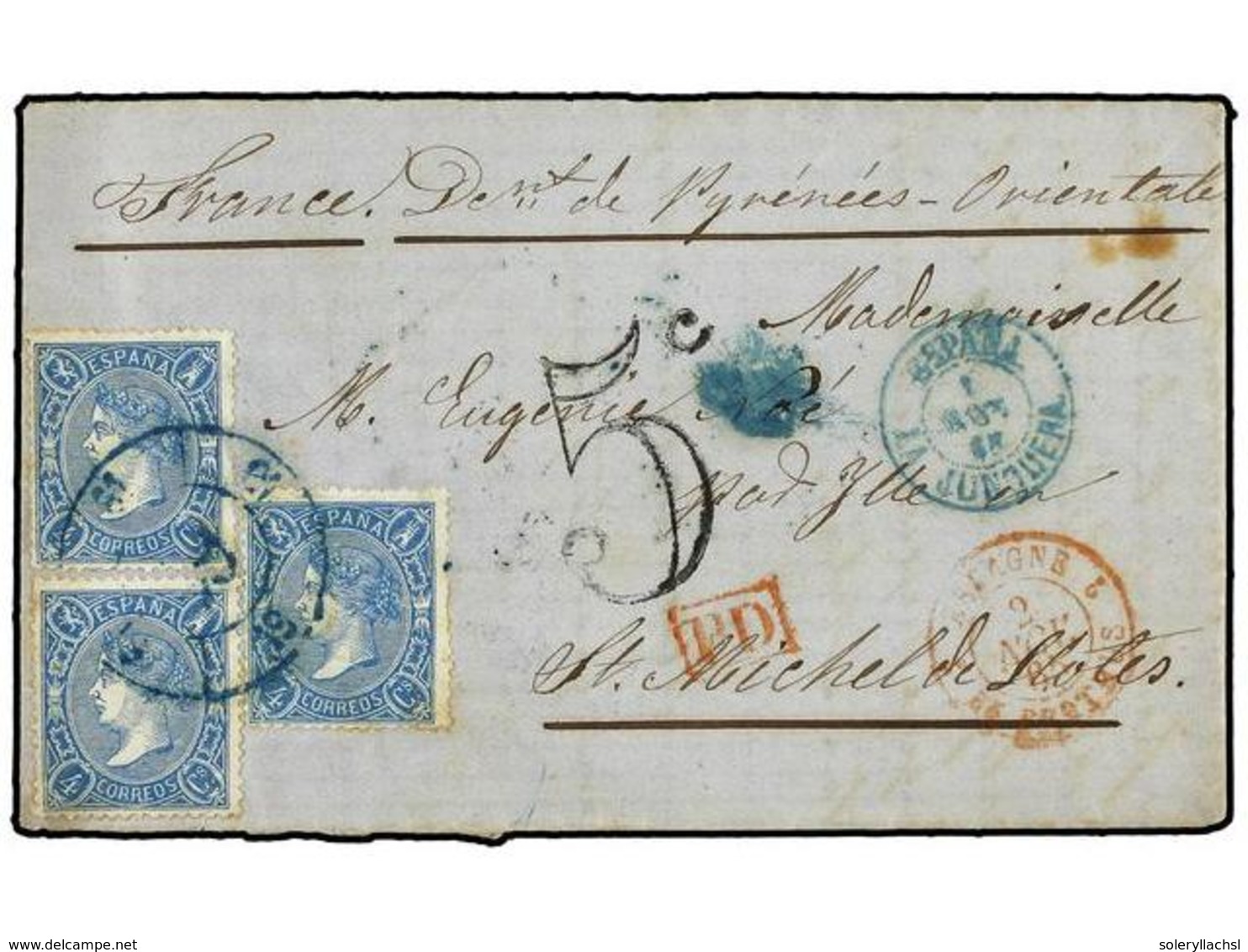 240 ESPAÑA. Ed.75 (3). 1865. AGULLANA A FRANCIA. <B>4 Cuartos</B> Azul (3). Mat. <B>R.C.61</B> De <B>LA JUNQUERA</B> En  - Autres & Non Classés