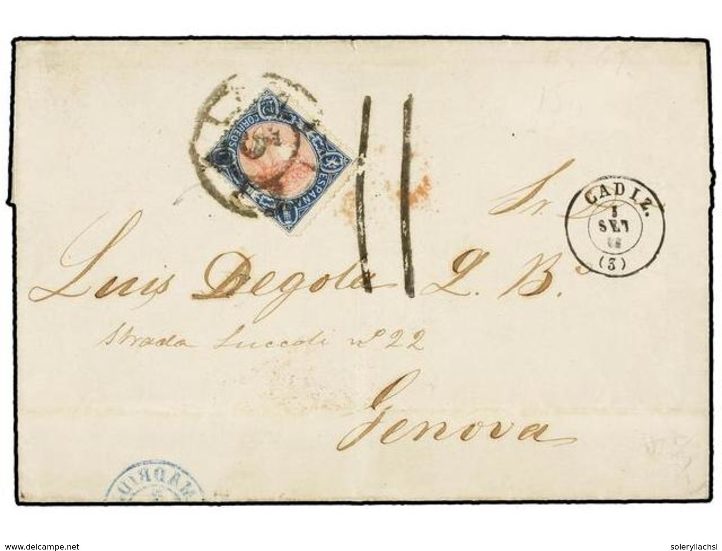 241 ESPAÑA. Ed.76. 1865. CÁDIZ A GENOVA. <B>12 Cuartos</B> Azul Y Rosa, Mat.<B> R.C. 3</B> De CÁDIZ. Franqueo Improceden - Autres & Non Classés