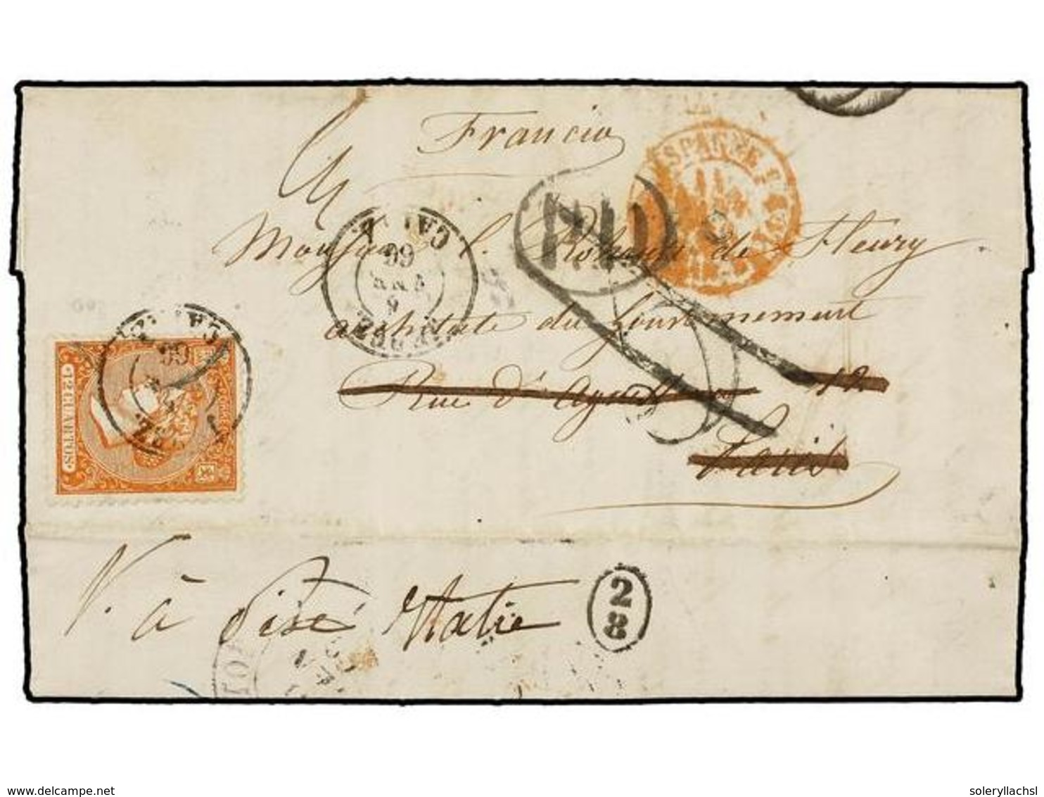 249 ESPAÑA. Ed.82. 1866. JEREZ A PARÍS Y Reexpedida A PISA (Italia). <B>12 Cuartos</B> Naranja, Tasada A La Llegada Con  - Autres & Non Classés