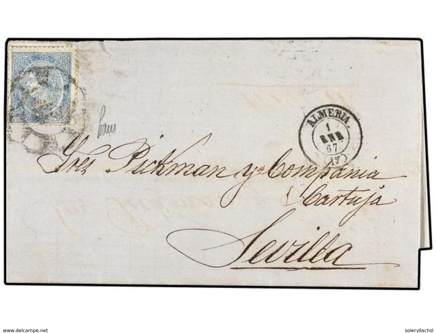 255 ESPAÑA. Ed.88. 1867. ALMERÍA A SEVILLA. Carta Franqueada Previamente Con Un Sello De <B>4 Cuartos</B> De La Emisión  - Autres & Non Classés