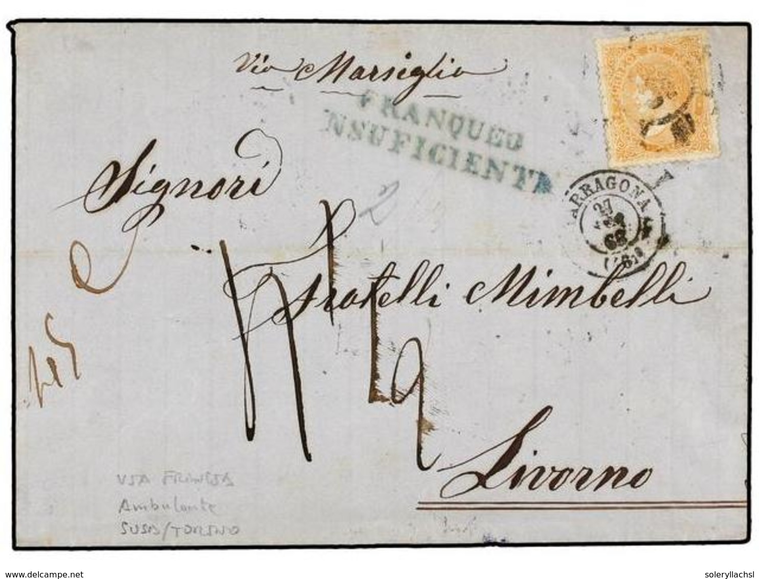 257 ESPAÑA. Ed.89. 1868 (1 Octubre). TARRAGONA A LIVORNO (Italia). <B>12 Cuartos</B> Naranja, Mat.<B> R.C. 46</B> Circul - Autres & Non Classés