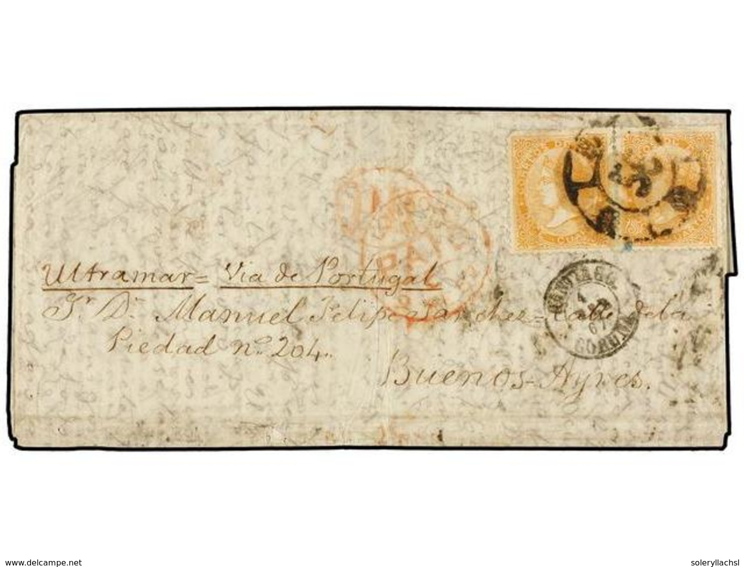 258 ESPAÑA. Ed.89 (2). 1867. SANTIAGO A BUENOS AIRES. <B>12 Cuartos</B> Naranja (2), Mat.<B> R.C. 56</B> De Santiago. Fr - Autres & Non Classés