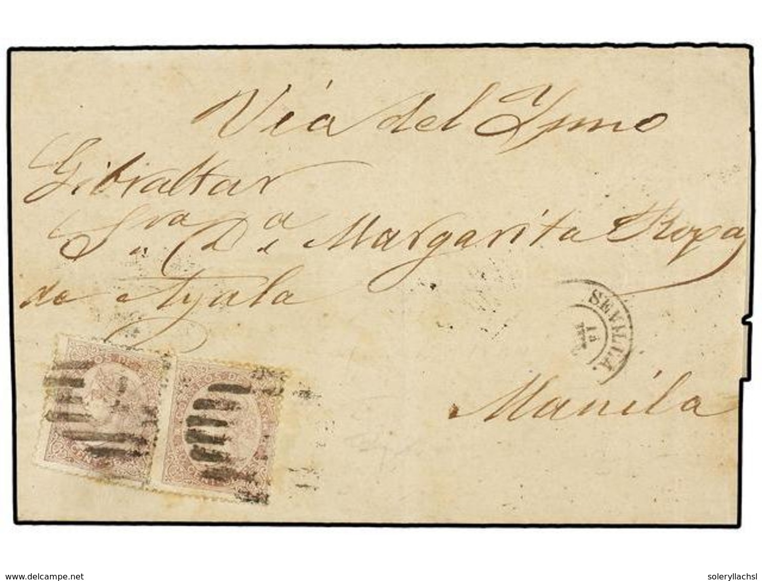 261 ESPAÑA. Ed.92 (2). 1868. SEVILLA A MANILA. <B>20 Cents.</B> Lila (2) Vía Gibraltar Y Circulada Por El Correo Británi - Autres & Non Classés