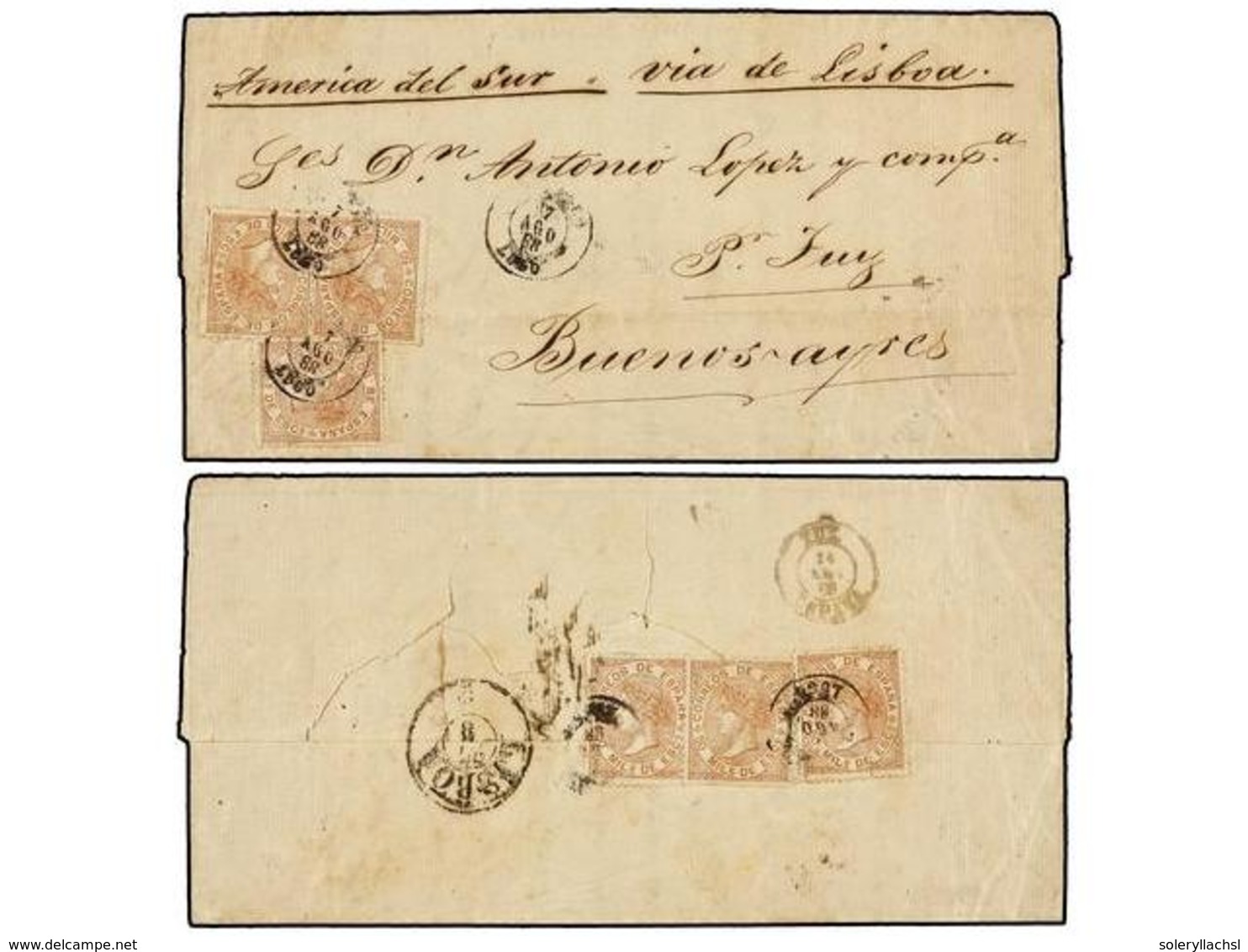 265 ESPAÑA. Ed.96 (6). 1868. RIBADEO A BUENOS AIRES. <B>50 Mils.</B> Castaño Rojo (6), Franqueo En Anverso Y Reverso (se - Autres & Non Classés