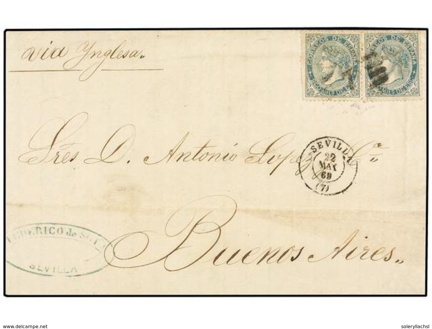 271 ESPAÑA. Ed.100 (2). 1869. SEVILLA A BUENOS AIRES. <B>200 Mils.</B> (2) Mat.<B> PARRILLA 7.</B> Pese A Estar Franquea - Autres & Non Classés