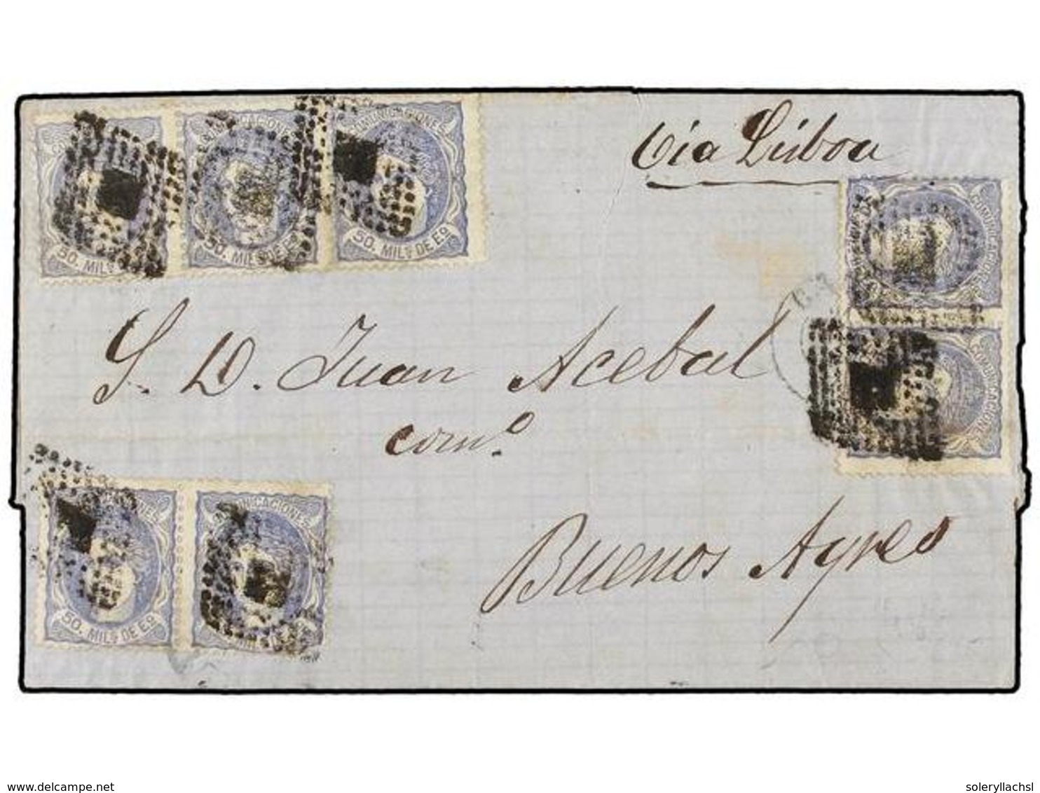 283 ESPAÑA. Ed.107 (7). 1871. CÁDIZ A BUENOS AIRES. <B>50 Mils.</B> Azul (7). Rara Combinación Para Hacer Las 350 Mils.  - Autres & Non Classés