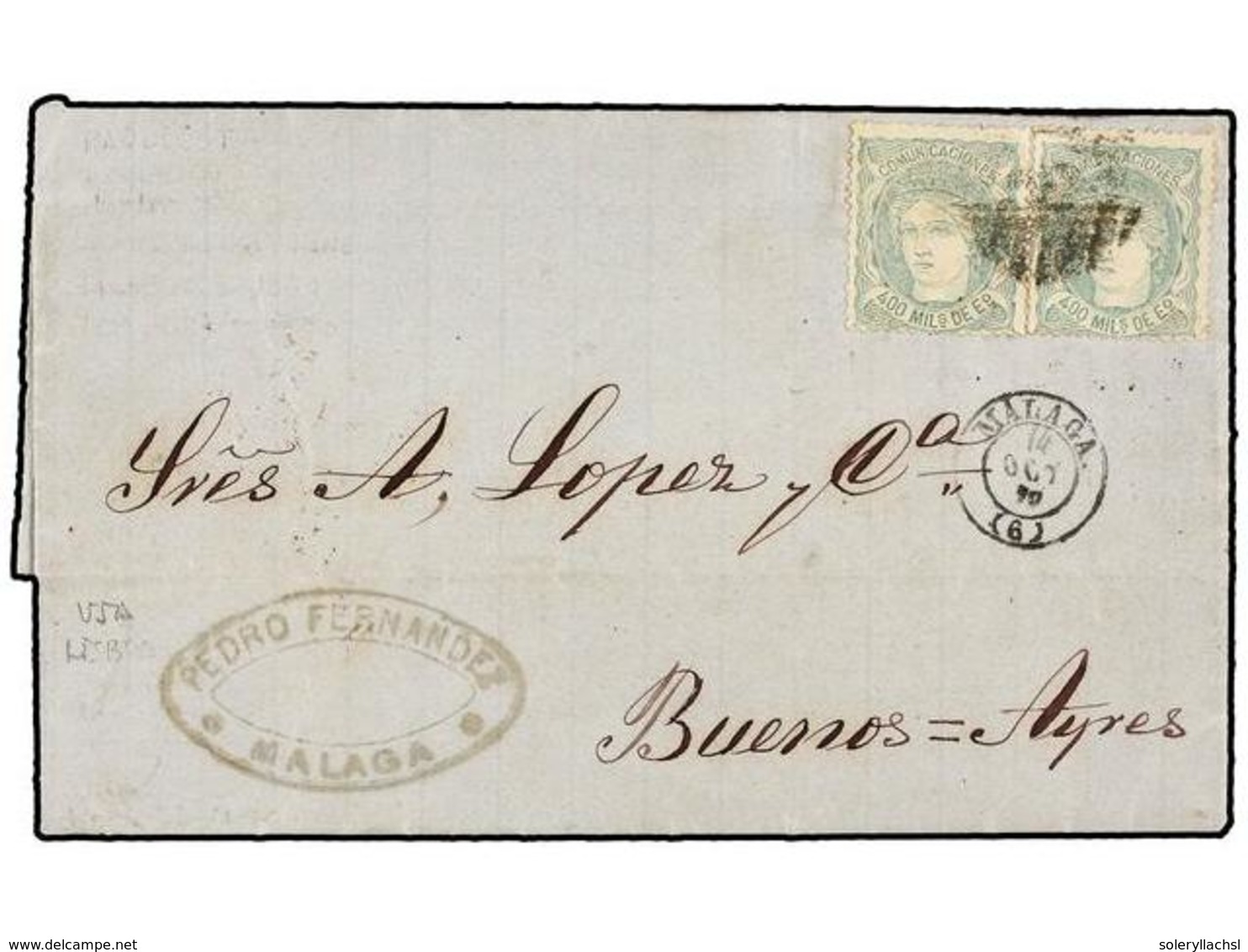 289 ESPAÑA. Ed.110 (2). 1870. MÁLAGA A BUENOS AIRES. <B>400 Mils.</B> Verde (2), Mat.<B> PARRILLA</B>. Doble Porte Con E - Autres & Non Classés