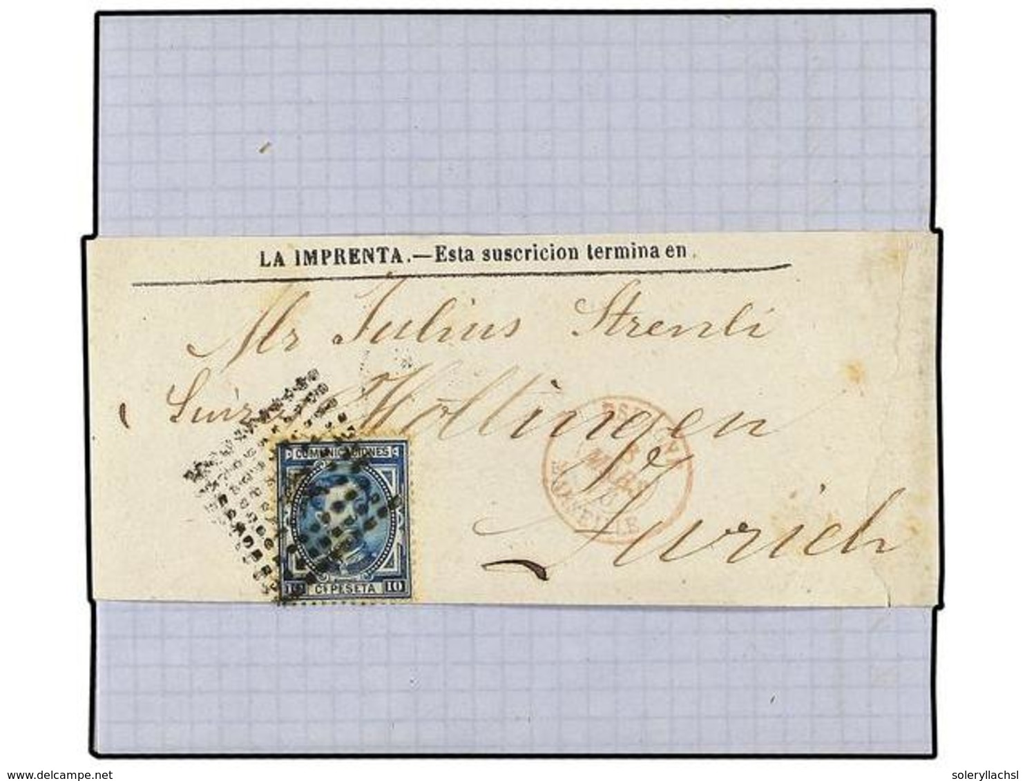 342 ESPAÑA. Ed.175. 1878. BARCELONA A ZURICH (Suiza). FAJA DE PRENSA Circulada Con Sello De <B>10 Cts.</B>  Azul. Fechad - Altri & Non Classificati