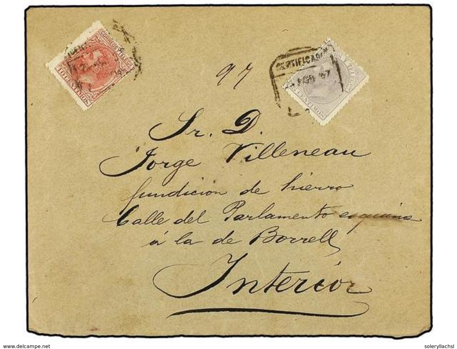 361 ESPAÑA. Ed.202, 212. 1887. BARCELONA Correo Interior. <B>10 Cts. </B>rojo Y <B>75 Cts. </B>gris. Carta CERTIFICADA.  - Autres & Non Classés