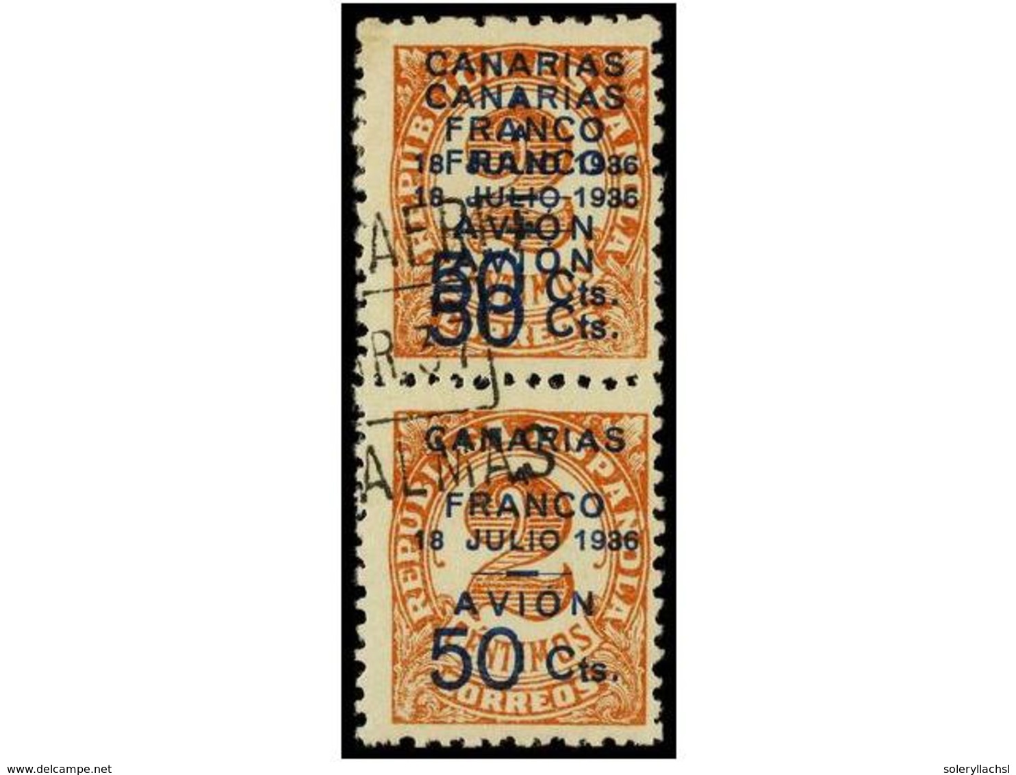 784 ° ESPAÑA: CANARIAS. Ed.11Bhh + 11B. <B>50 Cts. S. 2 Cts. VALOR COMPLEMENTARIO.</B> Pareja Vertical, Un Sello <B>SOBR - Autres & Non Classés