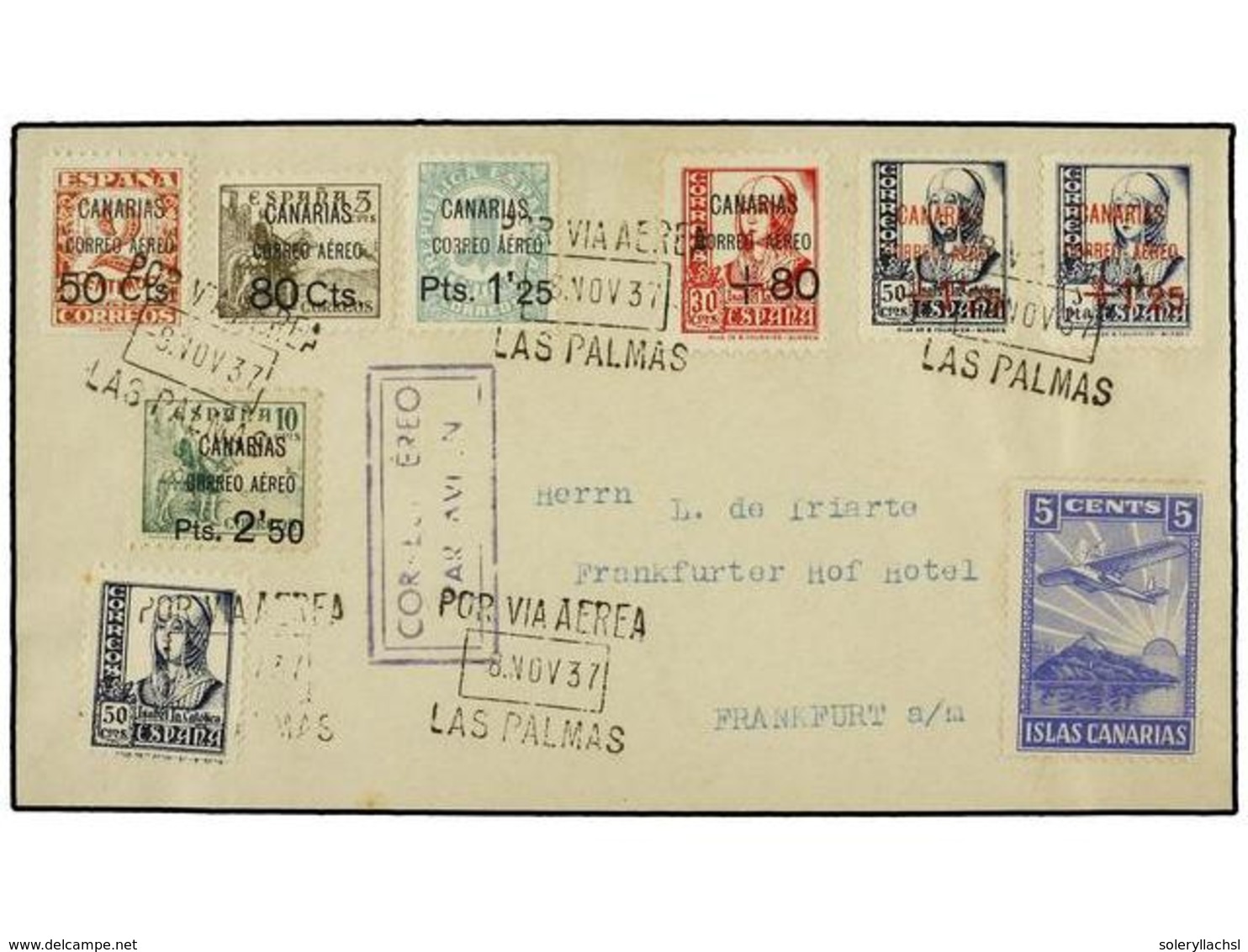 788 ESPAÑA: CANARIAS. Ed.23/30 Sin 24. 1937. LAS PALMAS A ALEMANIA. Serie Completa A Falta Del 80 Cts. S. 2 Cts. En Cart - Otros & Sin Clasificación