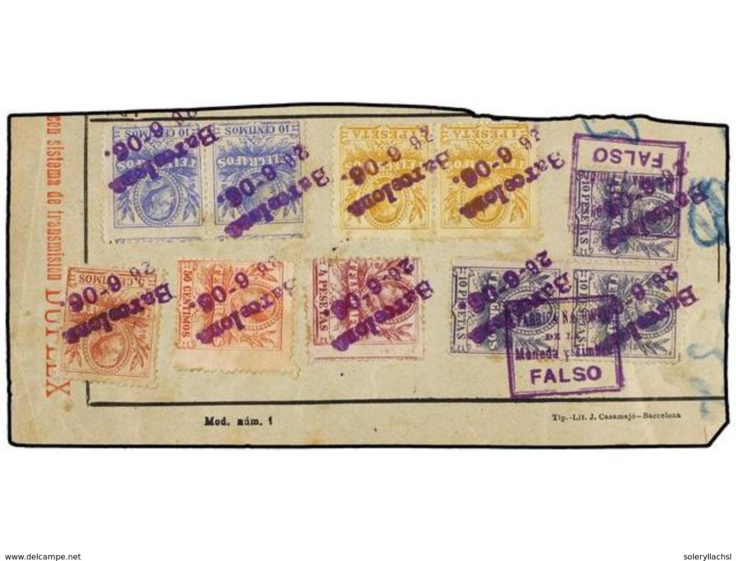 806 ESPAÑA: TELEGRAFOS. Ed.46F(3),39,40(2),43,44(2),45. FRAGMENTO Con Tres Sellos De <B>10 Pts.</B> Azul <B>FALSO POSTAL - Autres & Non Classés