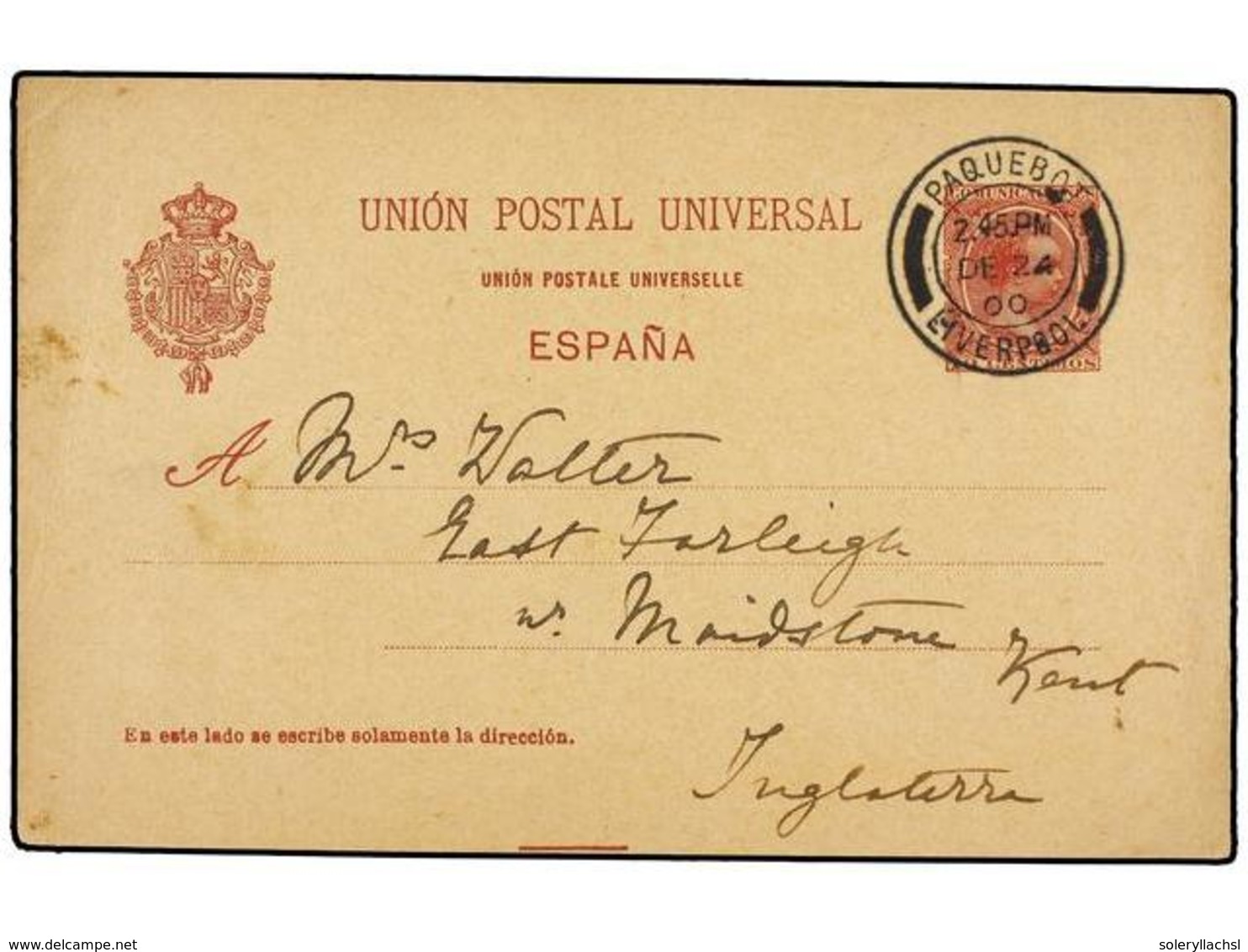 828 ESPAÑA ENTEROS POSTALES. Ed.31. 1900. LAS PALMAS A INGLATERRA. <B>10 Cts.</B> Carmín. Mat. <B>PAQUEBOT/LIVERPOOL. </ - Autres & Non Classés