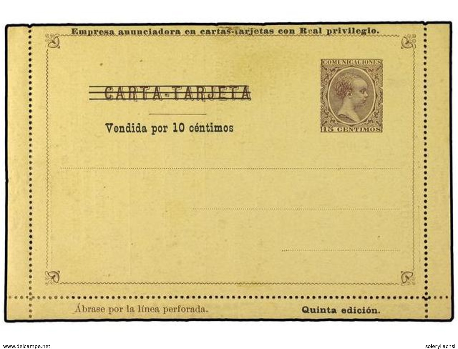 829 ESPAÑA ENTEROS POSTALES: DE INICIATIVA PRIVADA. Ed.1. CARTA-TARJETA Vendida Por <B>10 Cts.</B> Castaño (5ª Edición)  - Autres & Non Classés