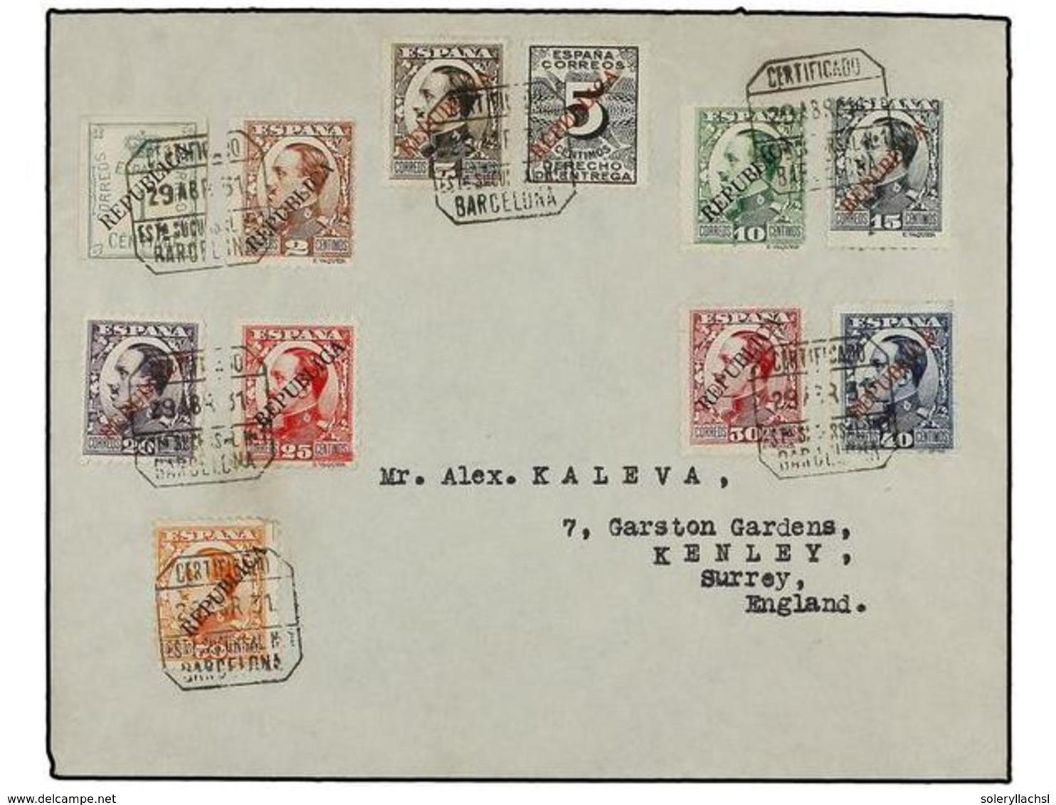 838 ESPAÑA E. LOCALES REPUBLICANAS: BARCELONA. Ed.18/28. 1931. BARCELONA A SURREY (Inglaterra). Serie Completa En Carta  - Autres & Non Classés