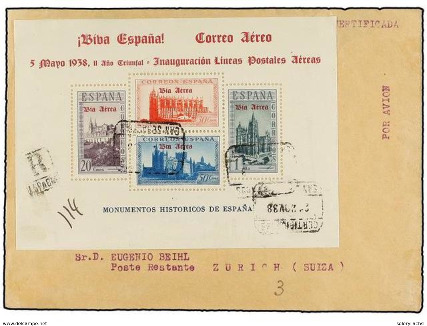 846 ESPAÑA E. LOCALES PATRIOTICAS: BURGOS. Ed.97. 1938. BURGOS A ZURICH. <B>HB</B> Habilitación En Rojo. RARA En Carta. - Autres & Non Classés