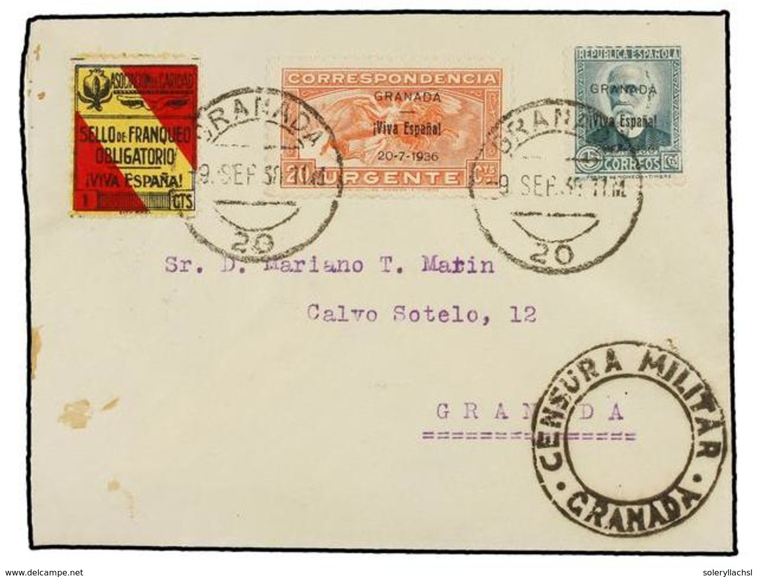 848 ESPAÑA E. LOCALES PATRIOTICAS: GRANADA. Ed.7, 14. 1938. GRANADA. <B>15 Cts.</B> Verde Y <B>20 Cts. </B>rojo <B>URGEN - Autres & Non Classés