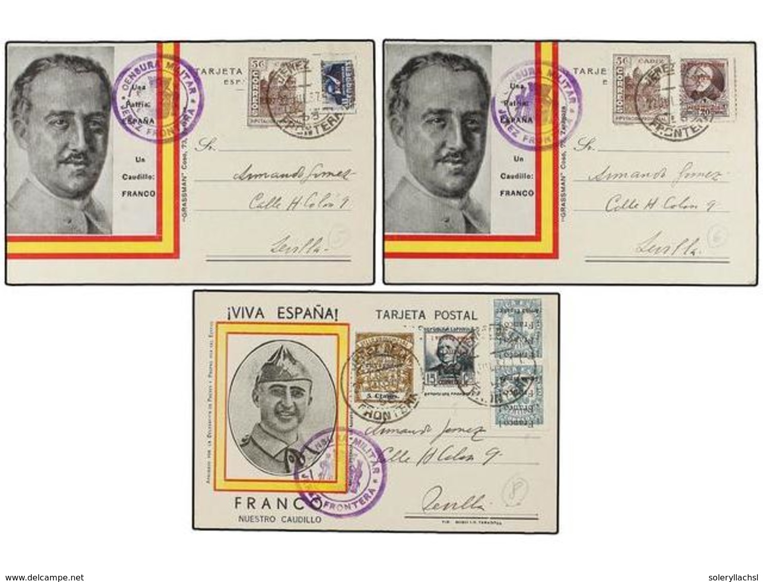 849 ESPAÑA E. LOCALES PATRIOTICAS: JEREZ DE LA FRONTERA. 5 Tarjetas Ilustradas Con La Efigie De Franco Con Sellos <B>1,  - Autres & Non Classés