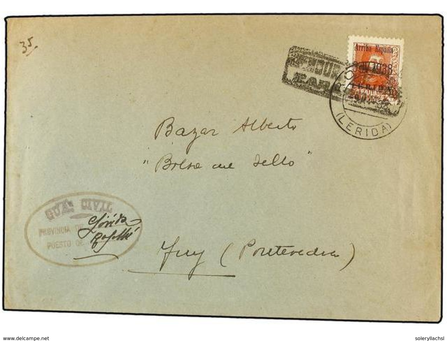 852 ESPAÑA E. LOCALES PATRIOTICAS: LERIDA. Ed.6. 1938. ROSELLÓ (Lérida) A TUY. <B>30 Cts.</B> Rojo. MUY RARO En Carta Ci - Autres & Non Classés