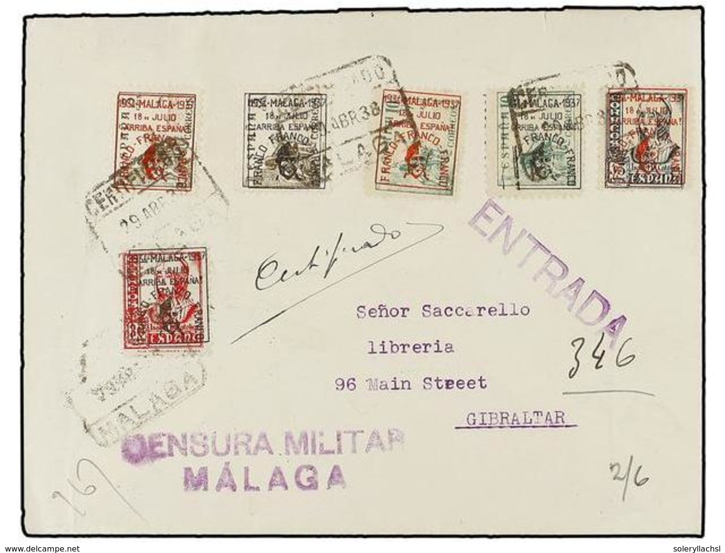 854 ESPAÑA E. LOCALES PATRIOTICAS: MALAGA. Ed.41/44, 41/42hcc. 1938. MÁLAGA A GIBRALTAR. Precioso Franqueo Incluyendo El - Otros & Sin Clasificación