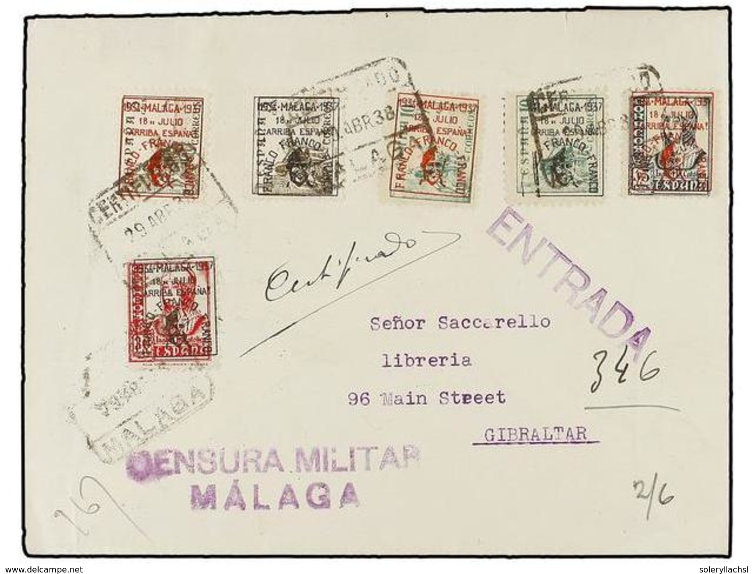 854 ESPAÑA E. LOCALES PATRIOTICAS: MALAGA. Ed.41/44, 41/42hcc. 1938. MÁLAGA A GIBRALTAR. Precioso Franqueo Incluyendo El - Autres & Non Classés