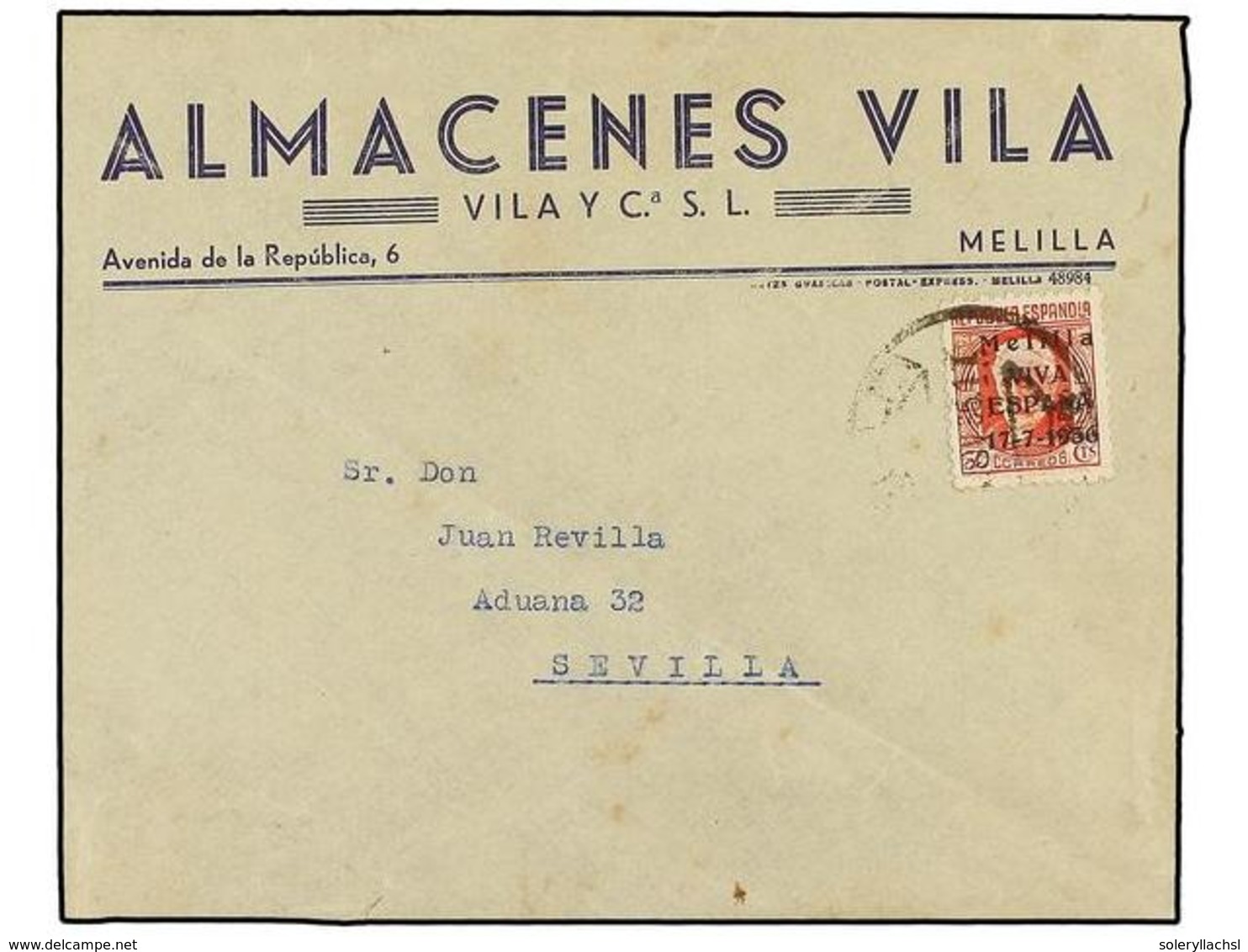 856 ESPAÑA E. LOCALES PATRIOTICAS: MELILLA. Ed.2. 1936. MELILLA A SEVILLA. <B>30 Cts.</B> Rojo. MUY RARO En Carta. Al Do - Autres & Non Classés