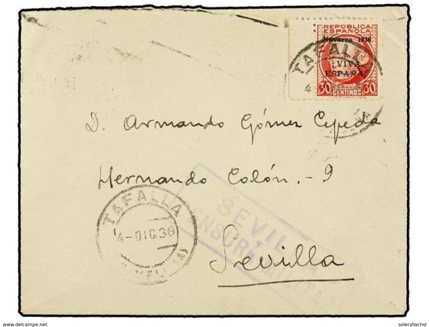 858 ESPAÑA E. LOCALES PATRIOTICAS: PAMPLONA. Ed.5. 1936. TAFALLA A SEVILLA. <B>30 Cts.</B> Carmín. RARO En Carta. - Autres & Non Classés