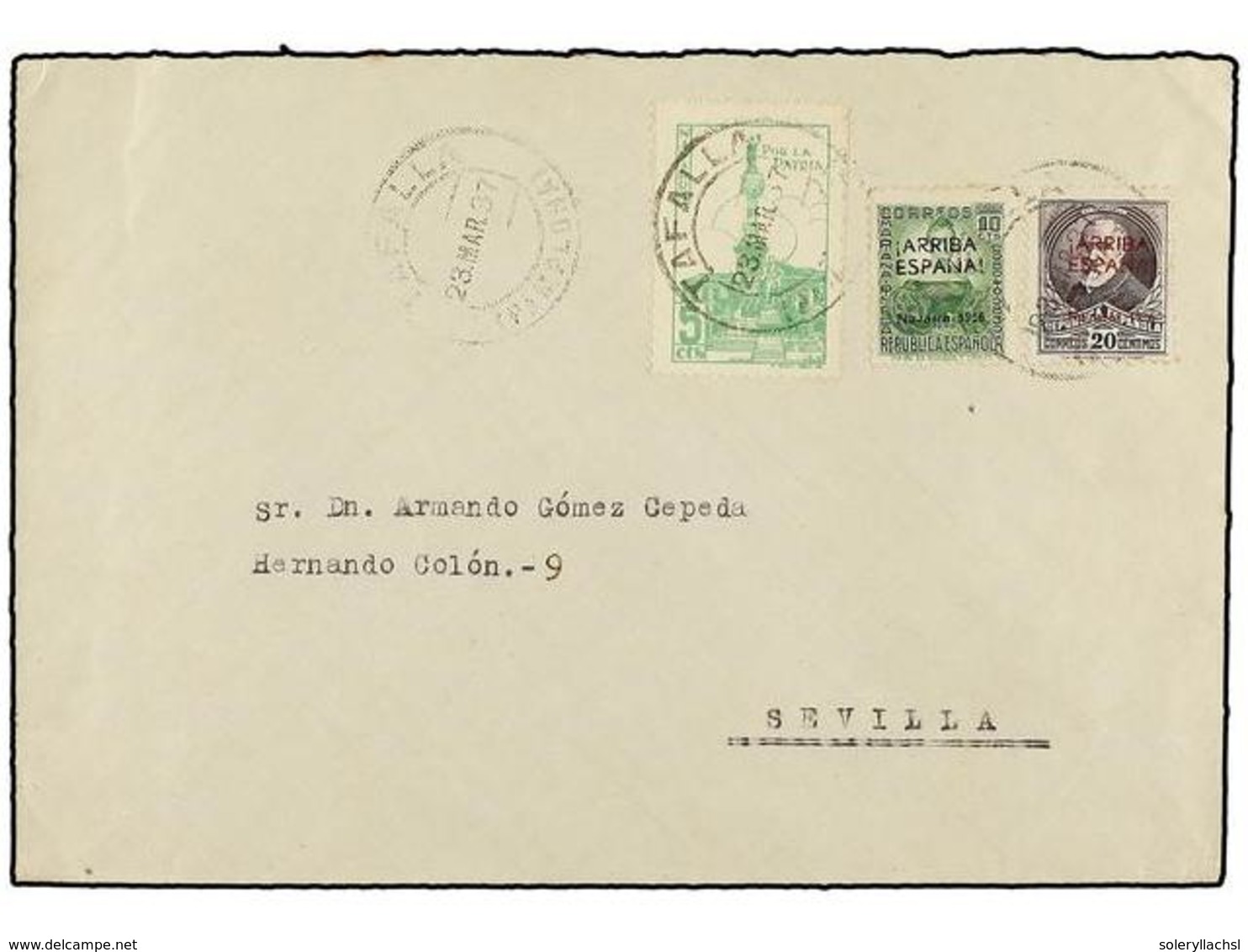 859 ESPAÑA E. LOCALES PATRIOTICAS: PAMPLONA. Ed.11, 13. 1937. TAFALLA A SEVILLA. <B>10 Cts.</B>y <B>20 Cts.</B> RAROS En - Autres & Non Classés