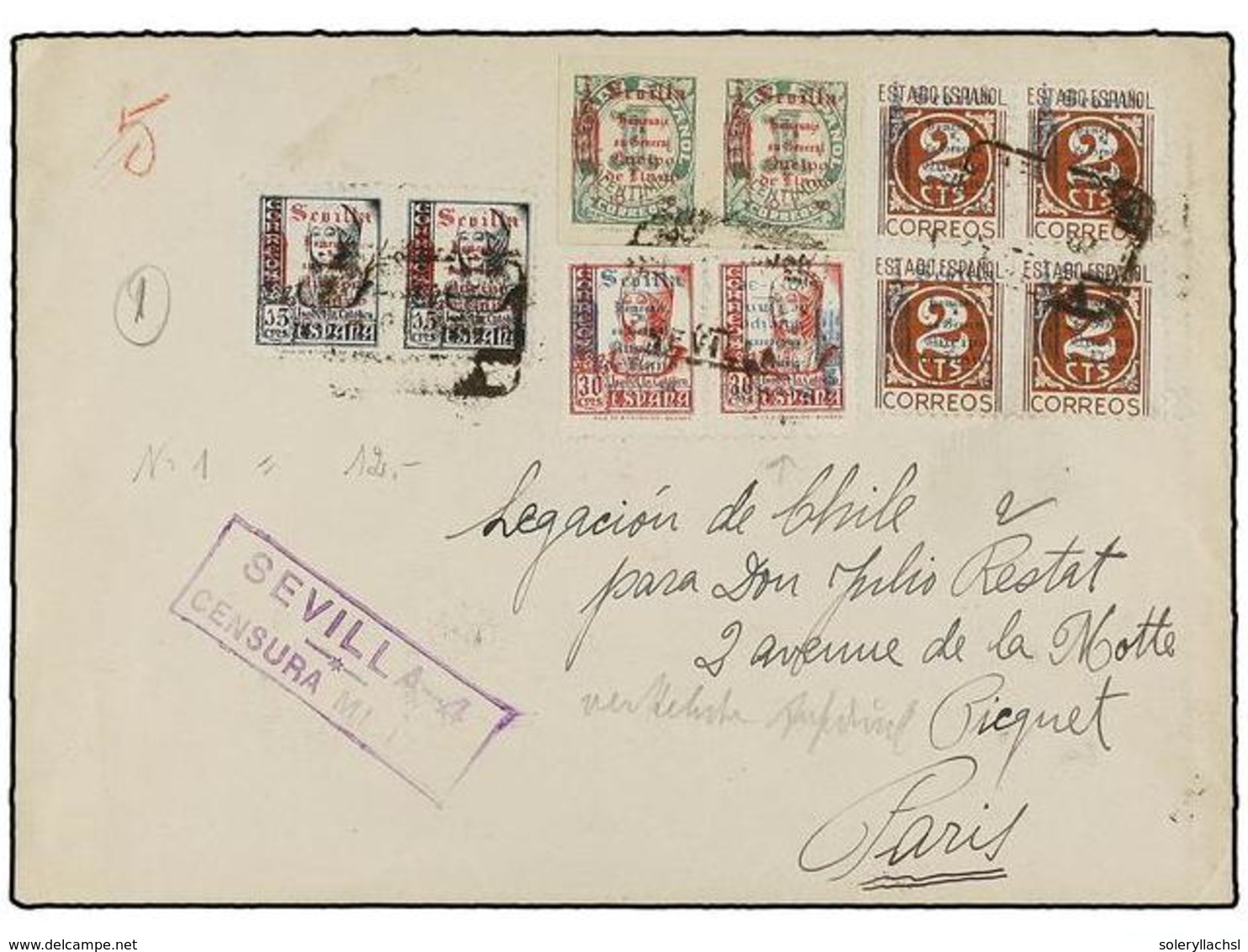 862 ESPAÑA E. LOCALES PATRIOTICAS: SEVILLA. Ed.84hphi, 80, 82/83. 1938. SEVILLA A PARÍS. Precioso Franqueo Incluyendo El - Other & Unclassified