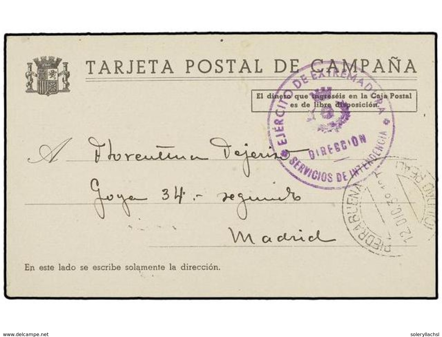 883 ESPAÑA GUERRA CIVIL. 1938. PIEDRABUENA (Ciudad Real) A MADRID. Tarjeta De Campaña, Marca <B>EJÉRCITO DE EXTREMADURA  - Otros & Sin Clasificación