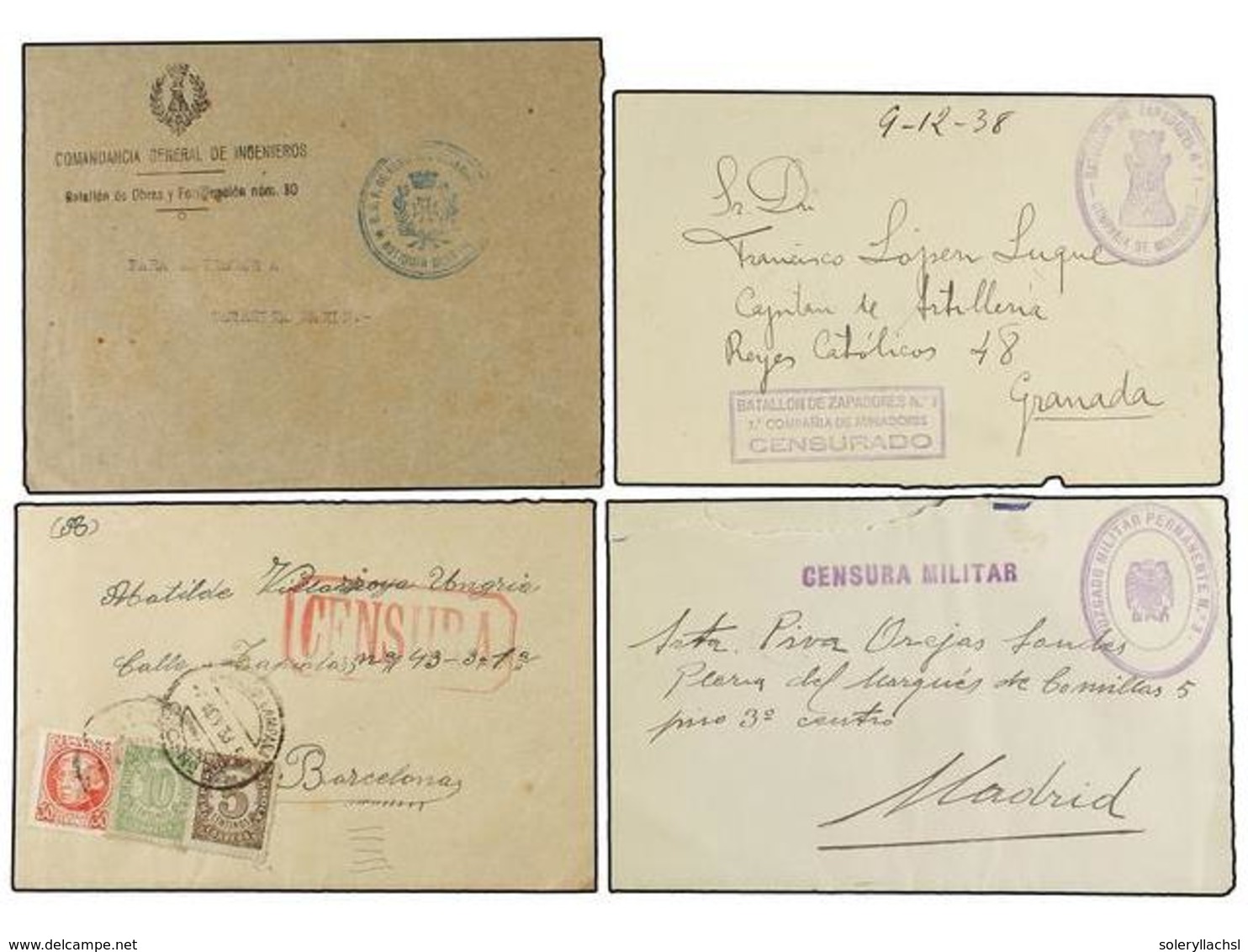 887 ESPAÑA GUERRA CIVIL. 1938-1939. CUATRO Cartas Con Diversas Marcas <B>Zapadores, Obuses, Botiquín General </B>y <B>Au - Autres & Non Classés