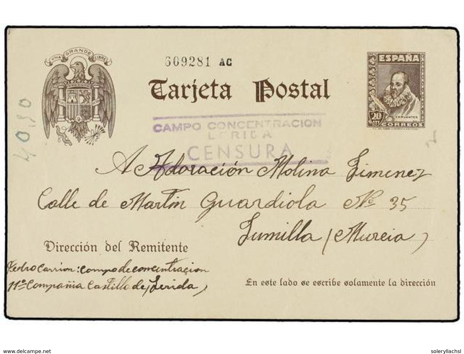904 ESPAÑA GUERRA CIVIL. 1939. LÉRIDA A JUMILLA. Tarjeta Postal Escrita Desde El <B>CAMPO DE CONCENTRACIÓN CASTILLO DE L - Autres & Non Classés