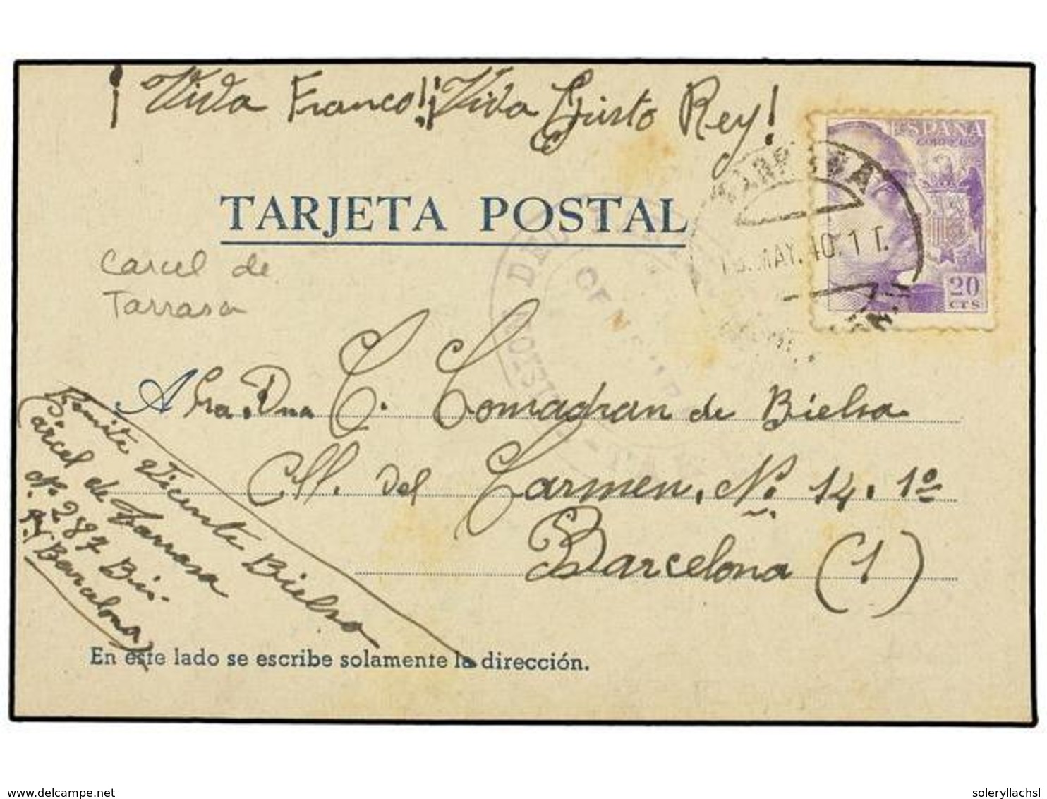 905 ESPAÑA GUERRA CIVIL. 1940. TARRASA A BARCELONA. Tarjeta Postal De Censura <B>PRISIÓN DEL PARTIDO / TARRASA.</B> - Autres & Non Classés