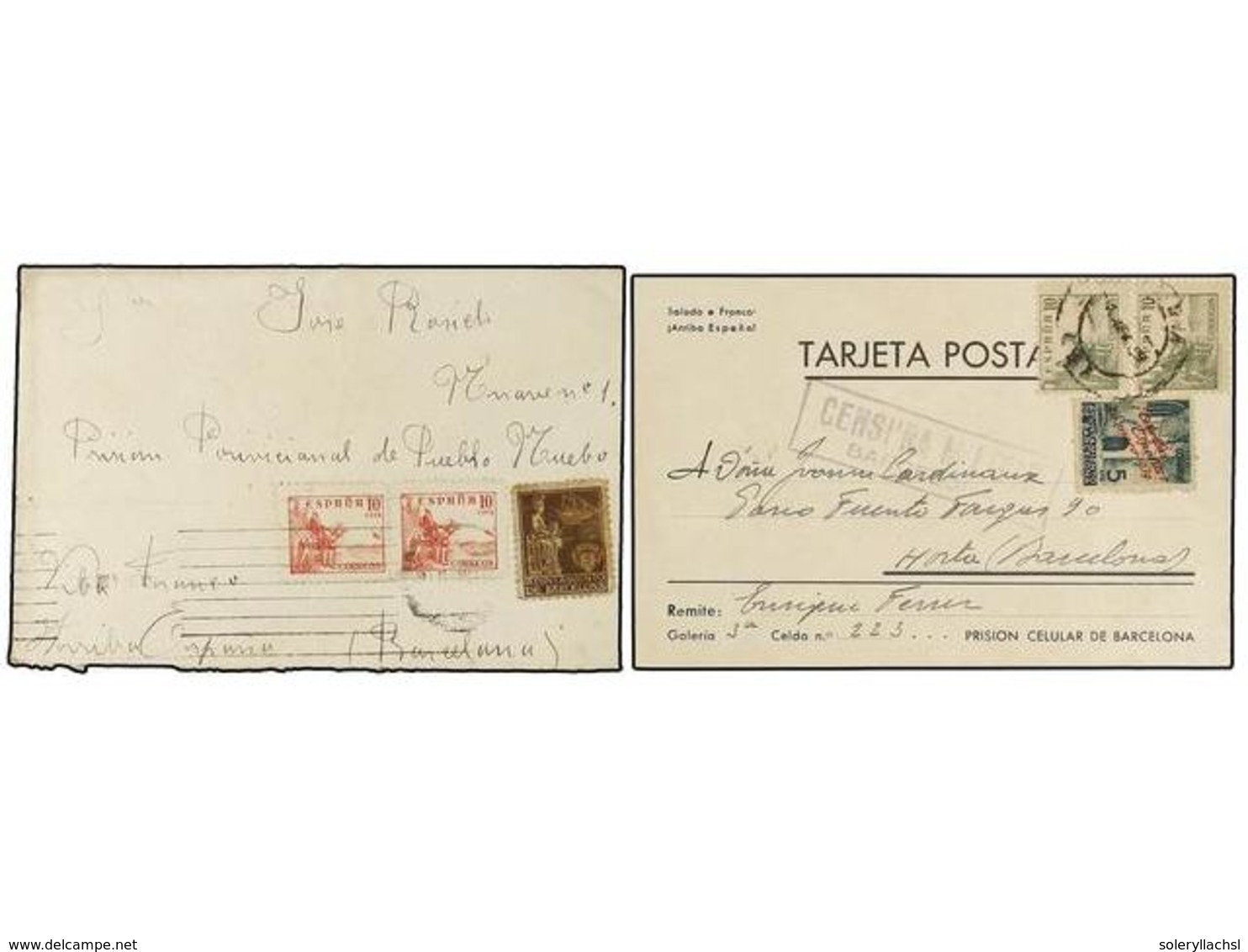 909 ESPAÑA GUERRA CIVIL. 1939-1940. Carta Y Tarjeta, Una Dirigida A La <B>Prisión Provincial De Pueblo Nuevo</B> (Barcel - Otros & Sin Clasificación