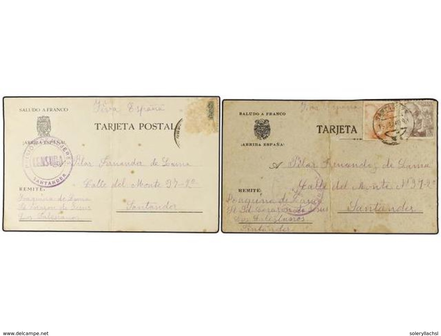 911 ESPAÑA GUERRA CIVIL. 1940. DOS Tarjetas Circuladas A SANTANDER (dobleces Y Franqueo Desprendido). Marca <B>PRISIÓN D - Autres & Non Classés