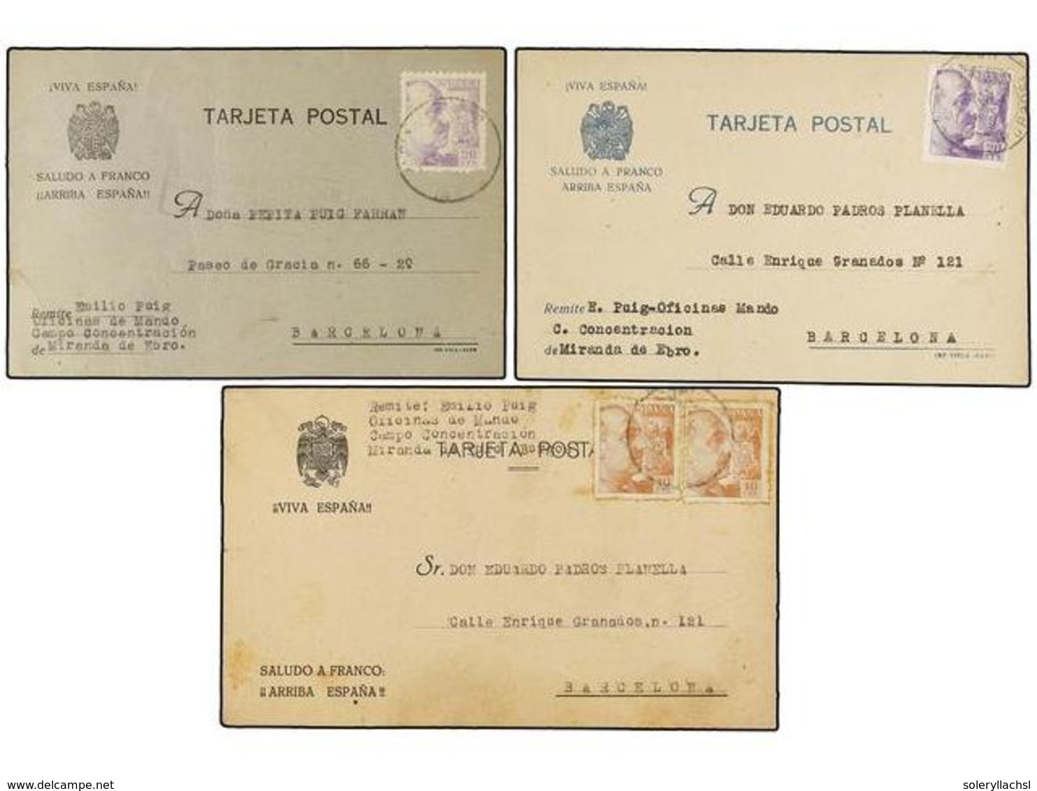 913 ESPAÑA GUERRA CIVIL. 1940. TRES Tarjetas Circuladas A BARCELONA Desde La<B> PRISIÓN DE MIRANDA DE EBRO.</B> - Autres & Non Classés