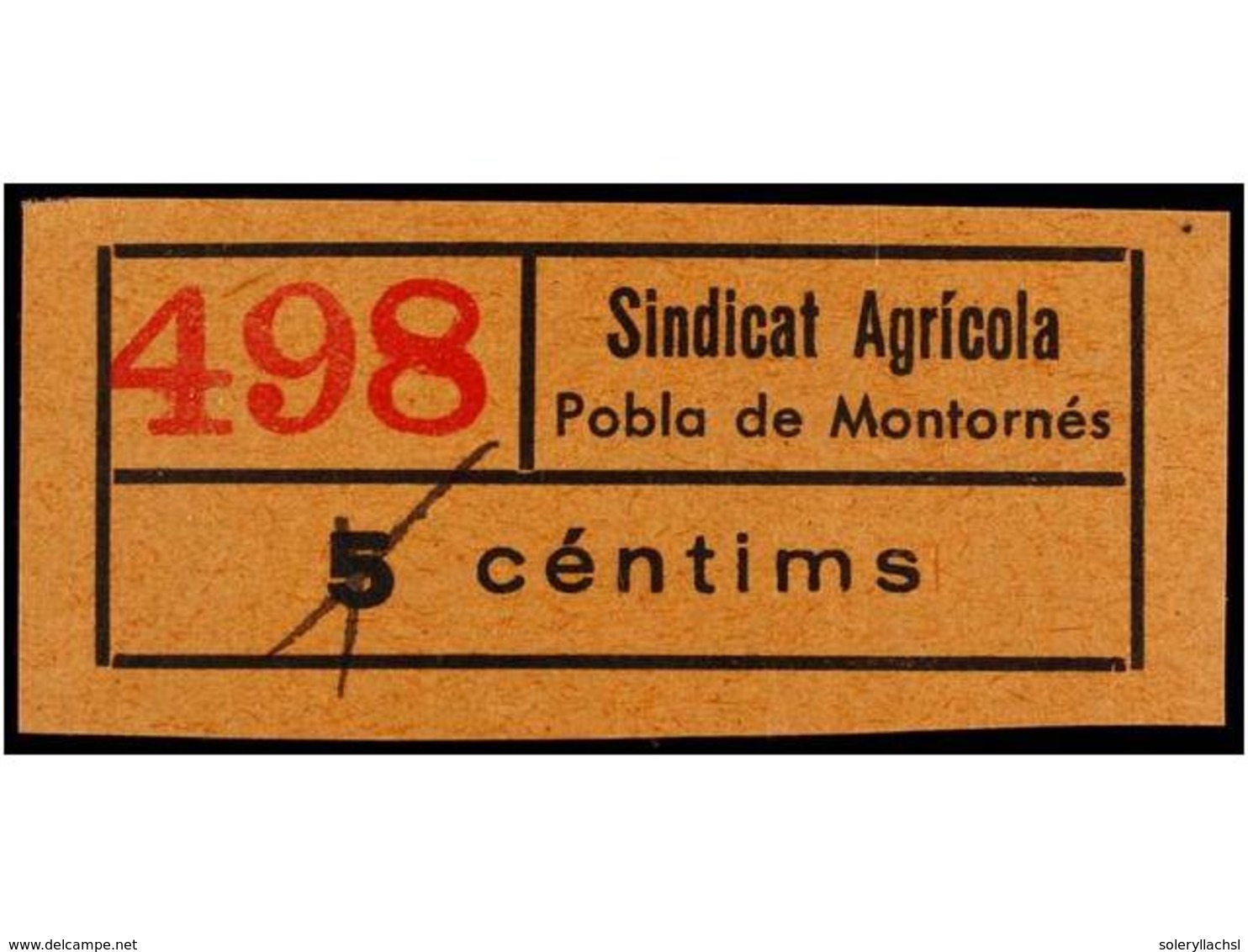 931 ESPAÑA GUERRA CIVIL. <B>POBLA DE MONTORNÉS. Sindicat Agrícola. 5 Cts.</B> Naranja. No Reseñado. - Autres & Non Classés