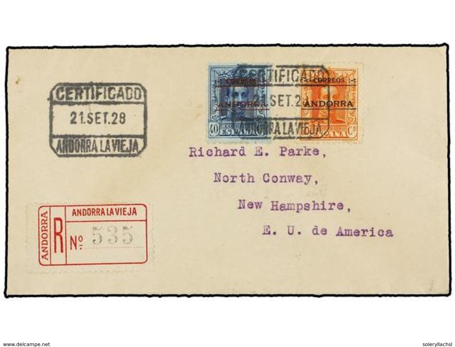 954 ANDORRA. Ed.8, 9. 1928. ANDORRA A USA. <B>40 Cts.</B> Azul Y <B>50 Cts.</B> Naranja, Carta Certificada, Al Dorso Lle - Autres & Non Classés