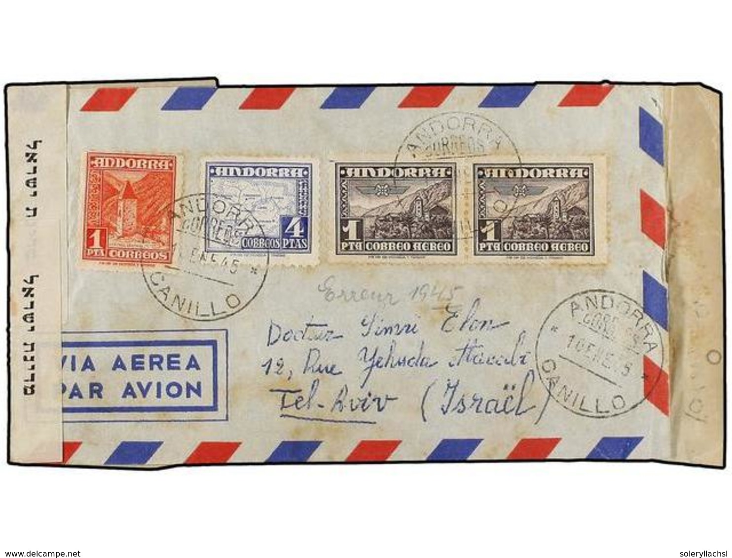 981 COLONIAS ESPAÑOLAS: ANDORRA. Ed.54, 56, 59 (2). 1956. CANILLO A TEL AVIV (Israel). <B>1 Pta. </B>(3), <B>4 Pts. </B> - Autres & Non Classés