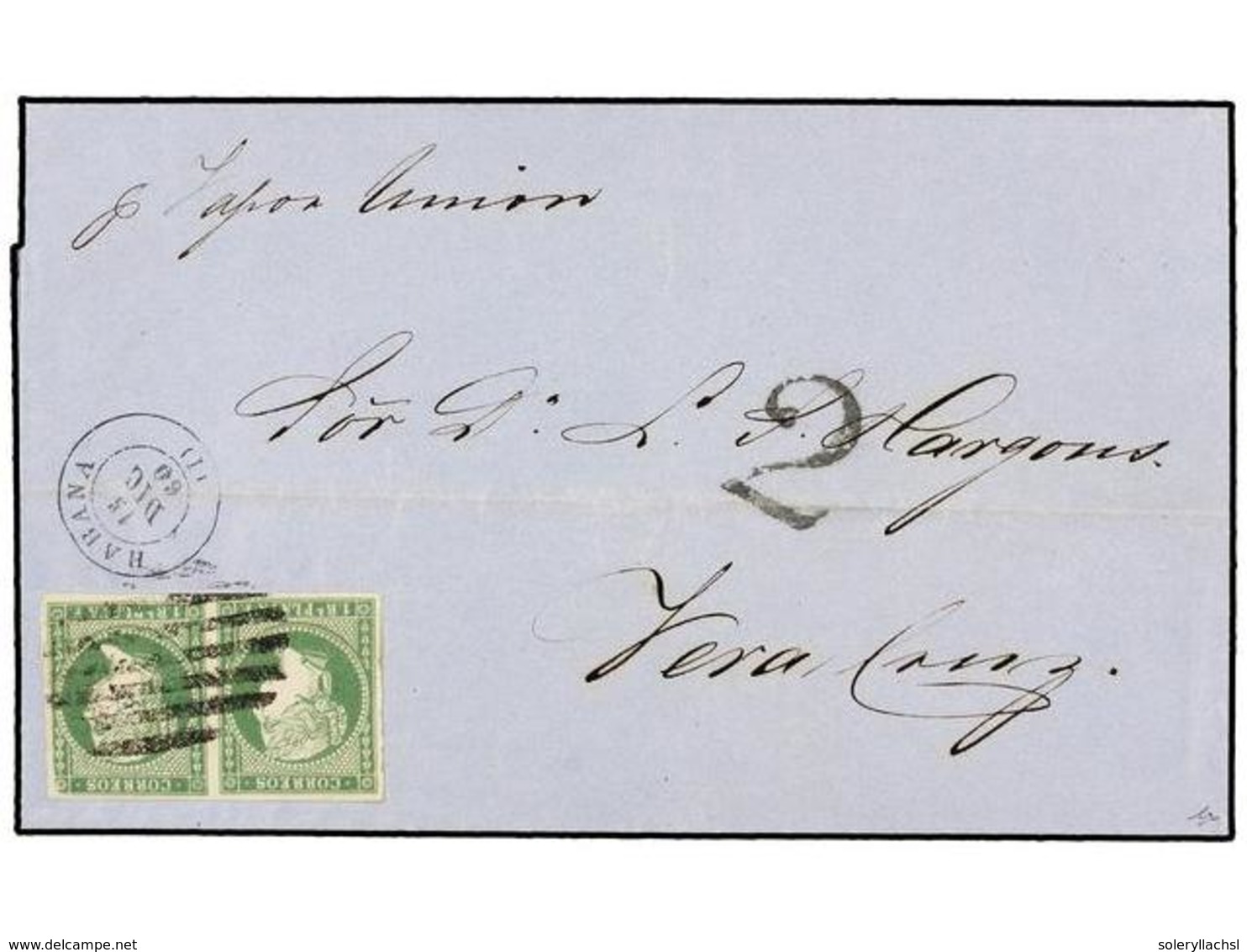 1011 CUBA. Ant.8 (2). 1860. HABANA A VERACRUZ. <B>1 Real</B> Verde Pareja, Tasada A La Llegada Con <B>2 Reales</B>. PREC - Autres & Non Classés